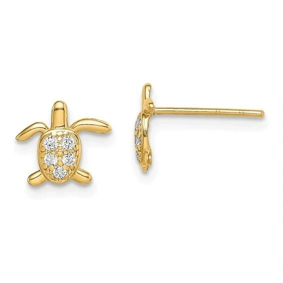 14K Gold CZ Turtle studs, Solid 14K Gold