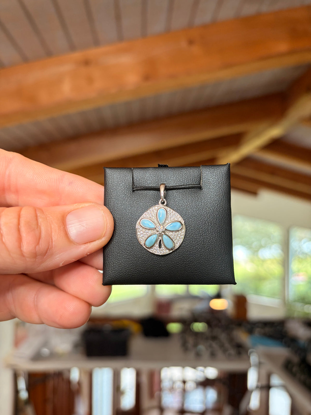 Sand Dollar Pendant w/Larimar and white topaz, 