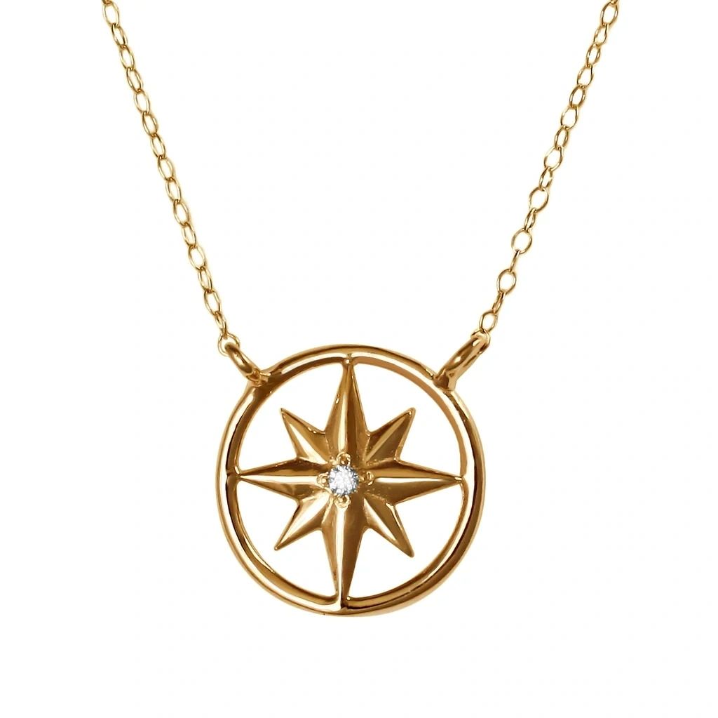 Compass Rose with Chain, Solid 14K Gold