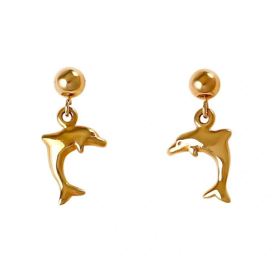 Dolphin Dangling Post Earrings (high profile), Solid 14K Gold