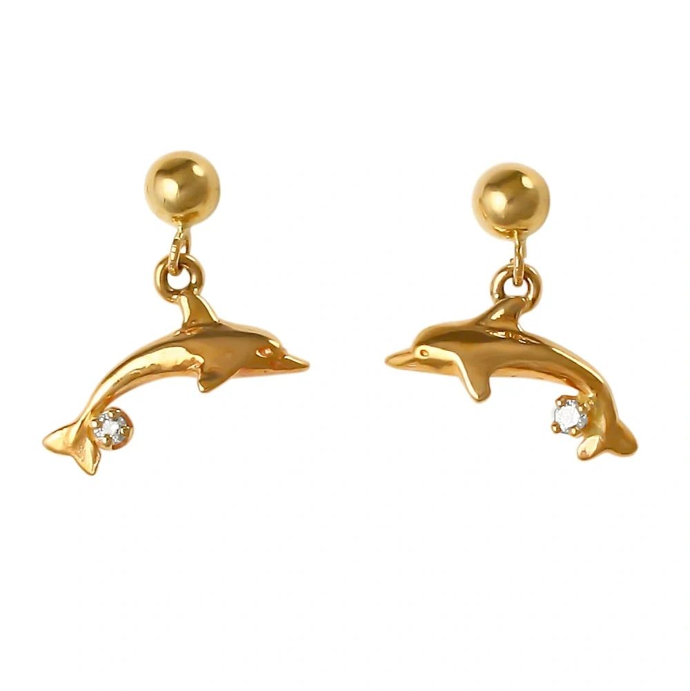 Dolphin Dangling Post Earrings w/diamond, Solid 14K Gold