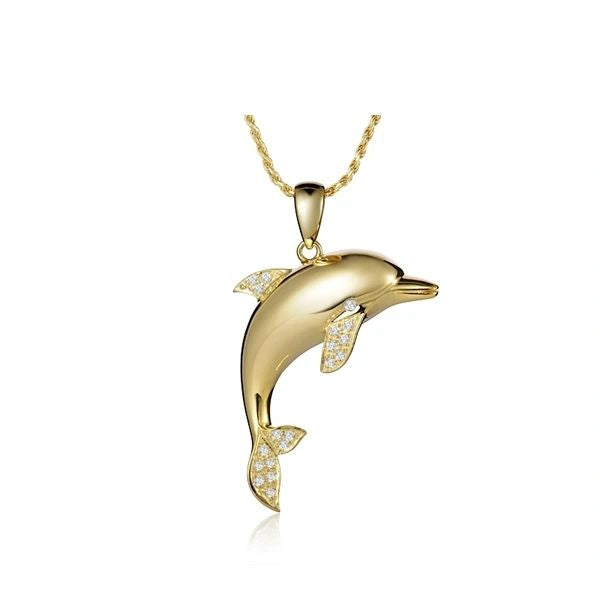 Dolphin Pendant w/diamonds, Solid 14K Gold