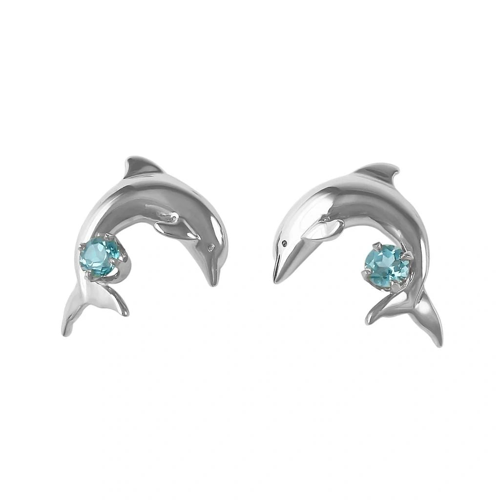 Dolphin Stud Earrings w/ blue topaz, 