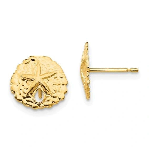 Gold Sand Dollar studs, Solid 14K Gold
