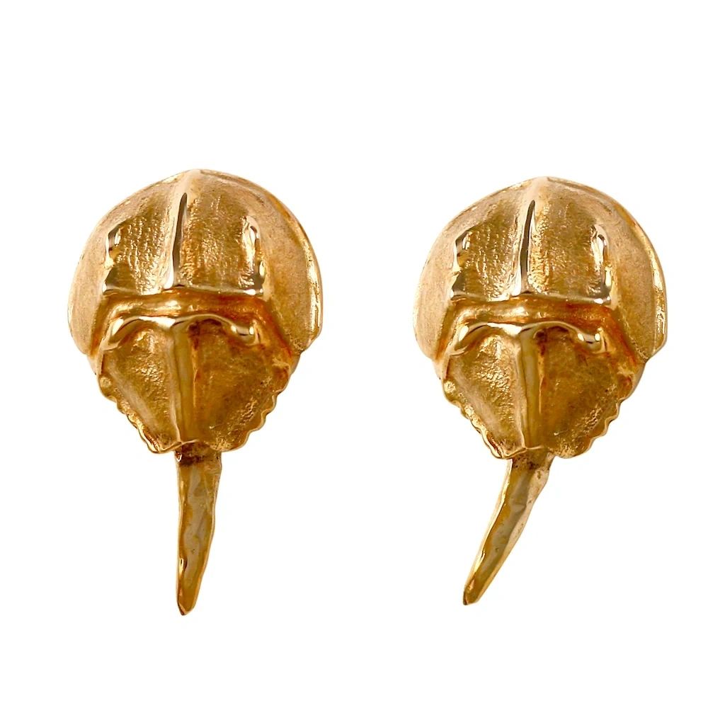 Horseshoe Crab Post Earrings w/moving stingers, Solid 14K Gold