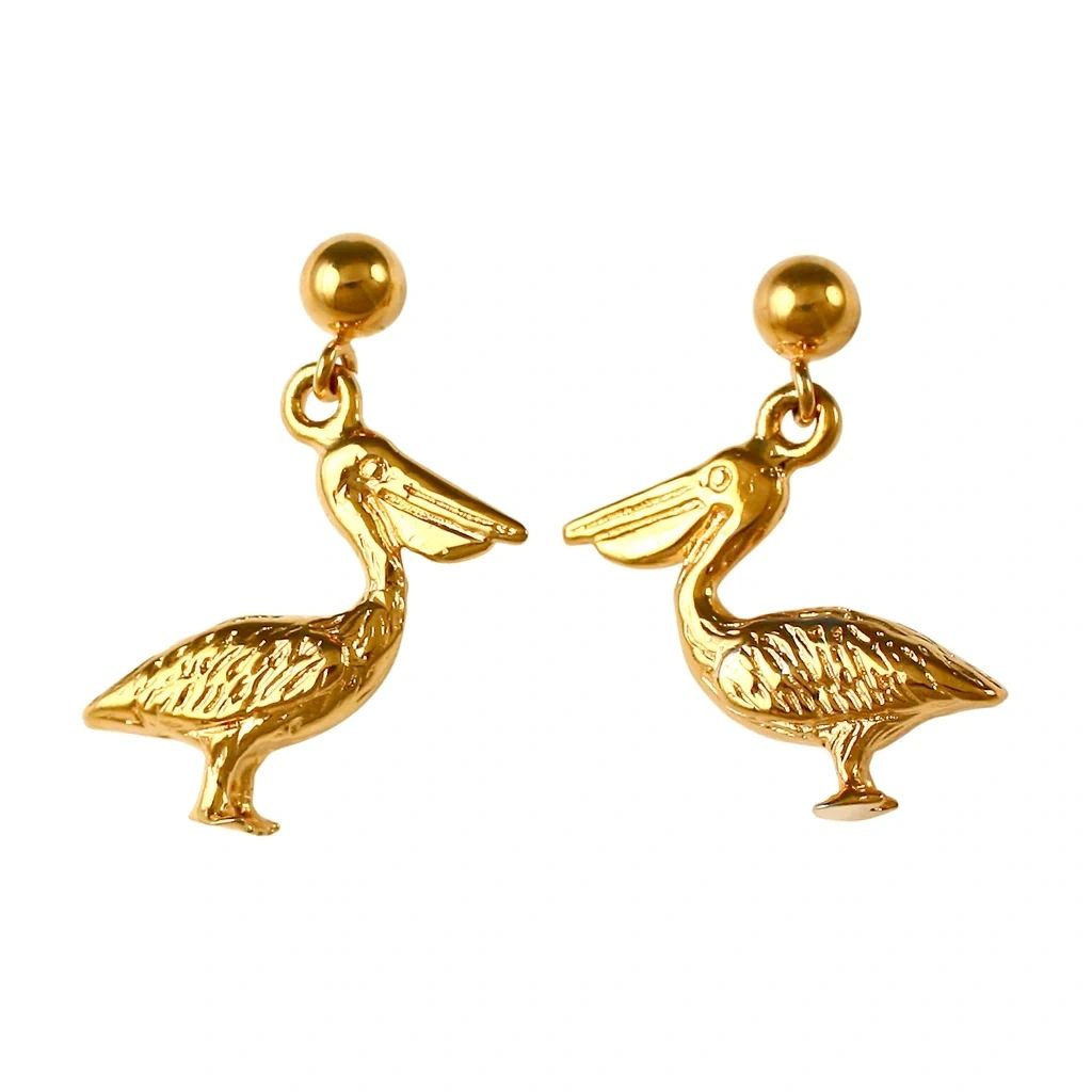 Pelican Post Dangle Earrings, Solid 14K Gold