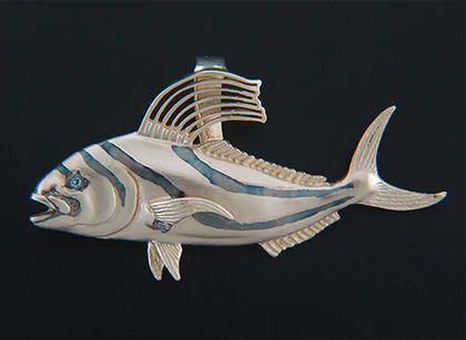 Roosterfish Pendant w/Rhodium detail and blue diamond eye, Solid 14K Gold