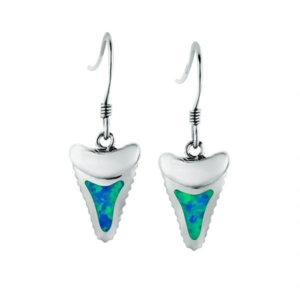 Shark Tooth Dangle Earrings (long tooth) w/blue opal, .925 Sterling Silver