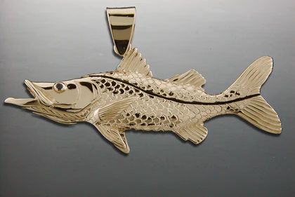 Large Snook Pendant, Solid 14K Gold