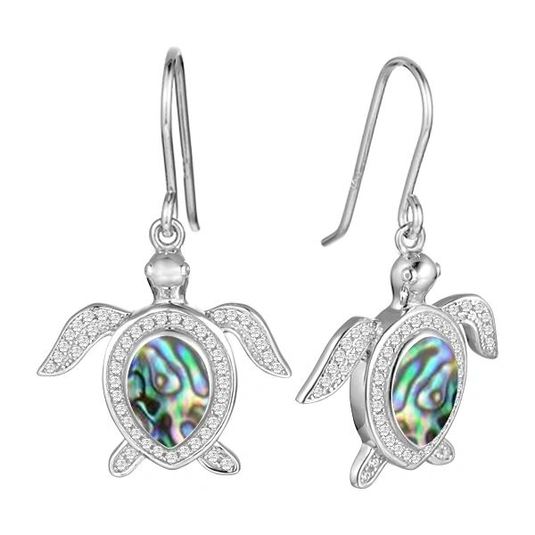 Turtle Dangle Earrings w/white topaz and Abalone, .925 sterling silver